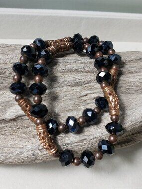 Pair of Vintage Black Crystal Stretch Bracelets Pierced Metal Beads and spacers